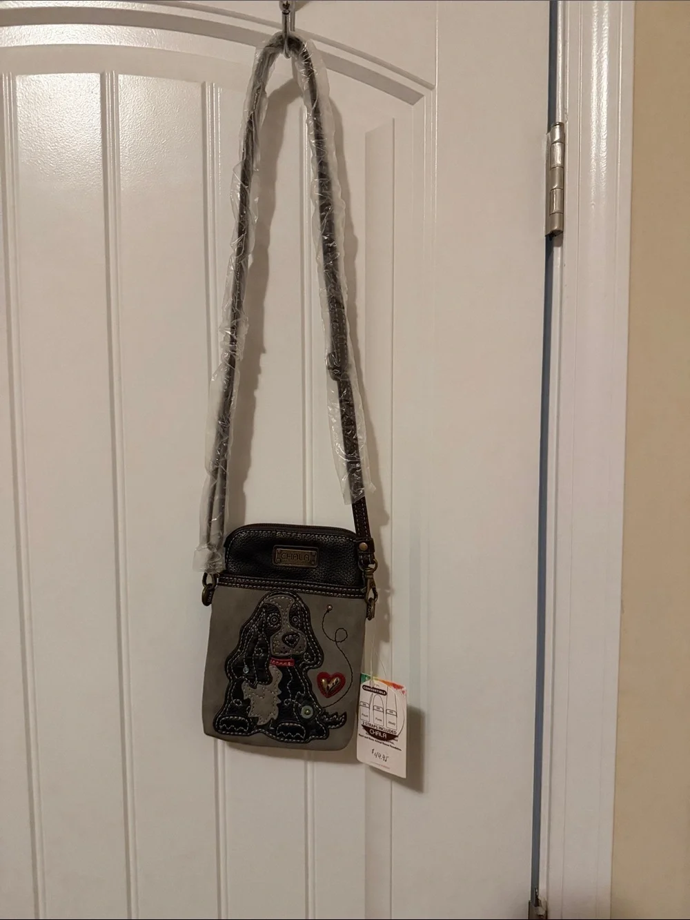 Chala Gray Crossbody with Cocker Spaniel Dog Applique and Red Heart Accent